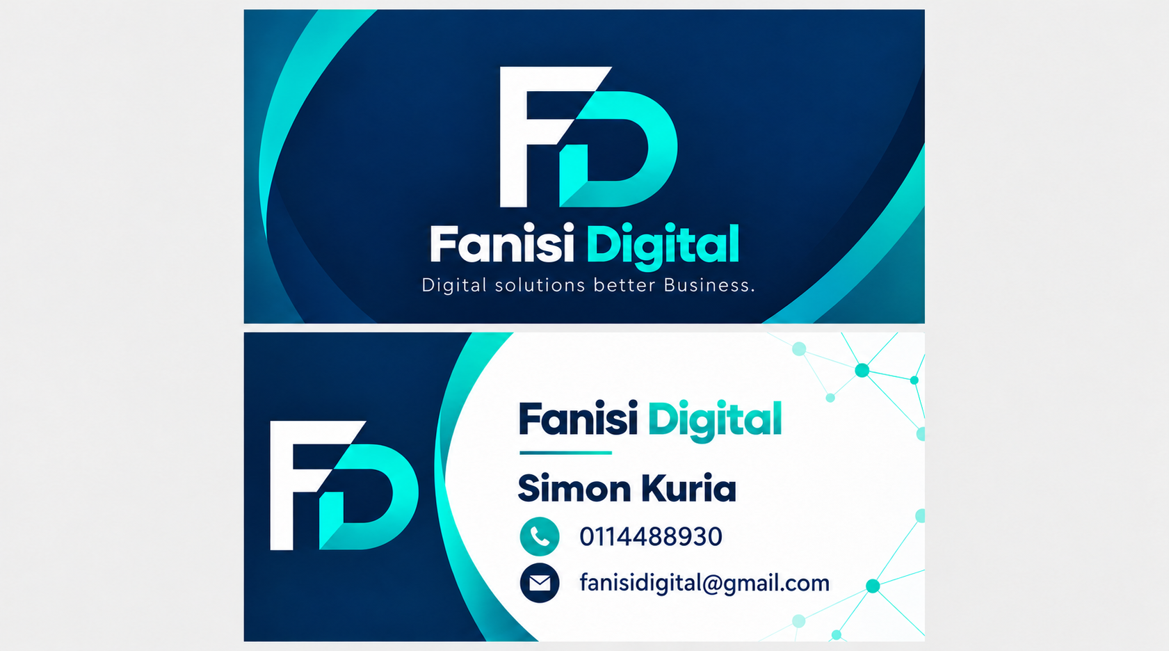 Front and back business card concept for Fanisi Digital, using the FD monogram and the brand's navy and teal colours